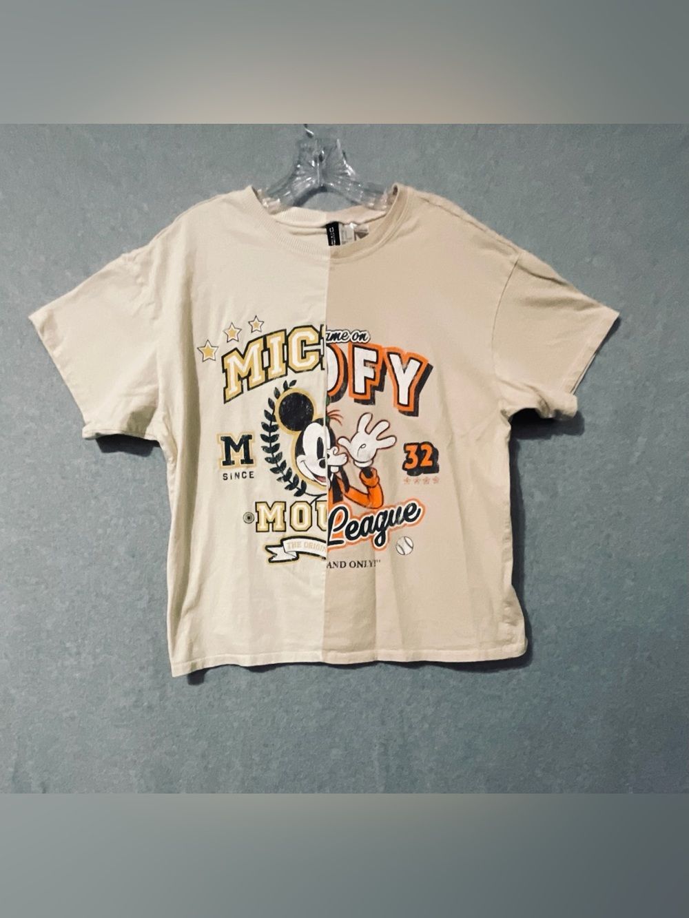 H&M  Woman's Cream Mickey Mouse Split Graphic Tee with Orange Accents Sz M